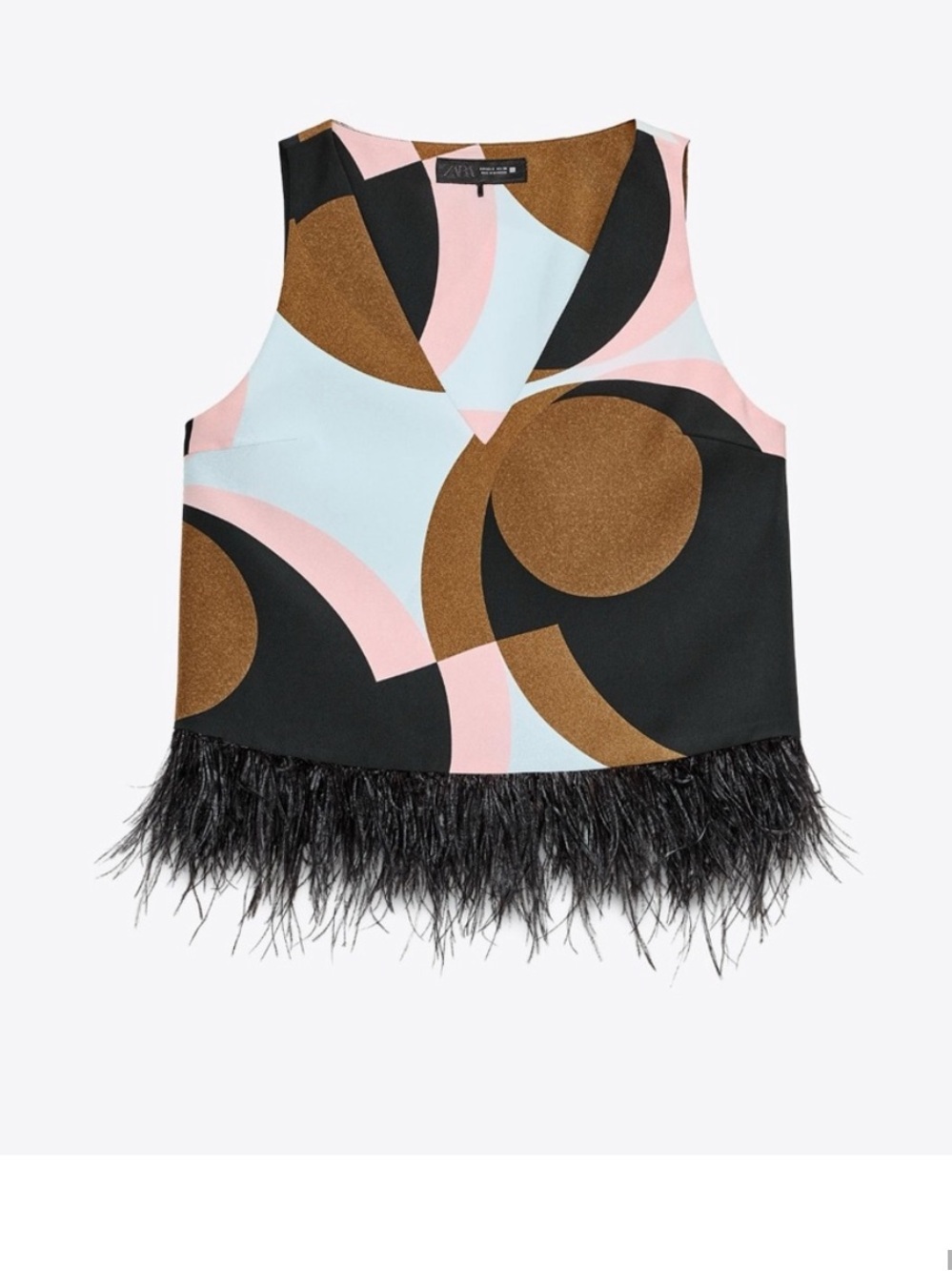 Zara Geometric Feather-Trim Crop Top in Black, Brown, Pink & Light Blue